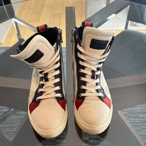 Balmain High-Top Sneakers in Cream and Red